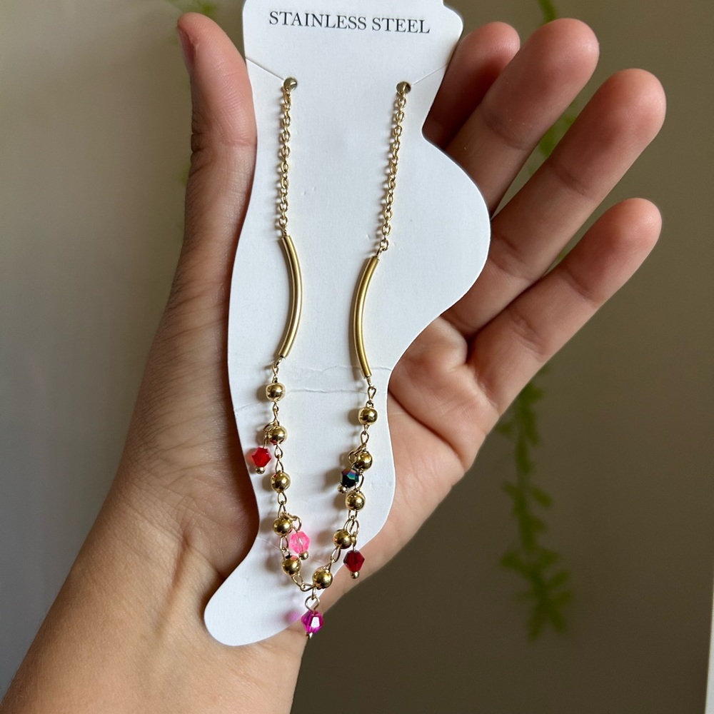 Gold Beaded Anklet with Colorful Charms - Picture 2 of 2